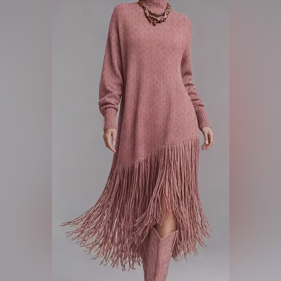 Dresses & Skirts - Elegant Muted Pink Fringe Sweater Dress